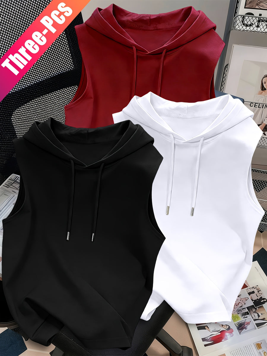 3pcs Men's Hooded Tank Tops - Korean Style Sleeveless Vests, Loose Fit Slimming Athletic Shirts Suitable for Summer Gym, Layering Base Layers, Machine Washable Solid Color Tops, Multi-Color Options for Casual & Outdoor Wear - Black+white+red