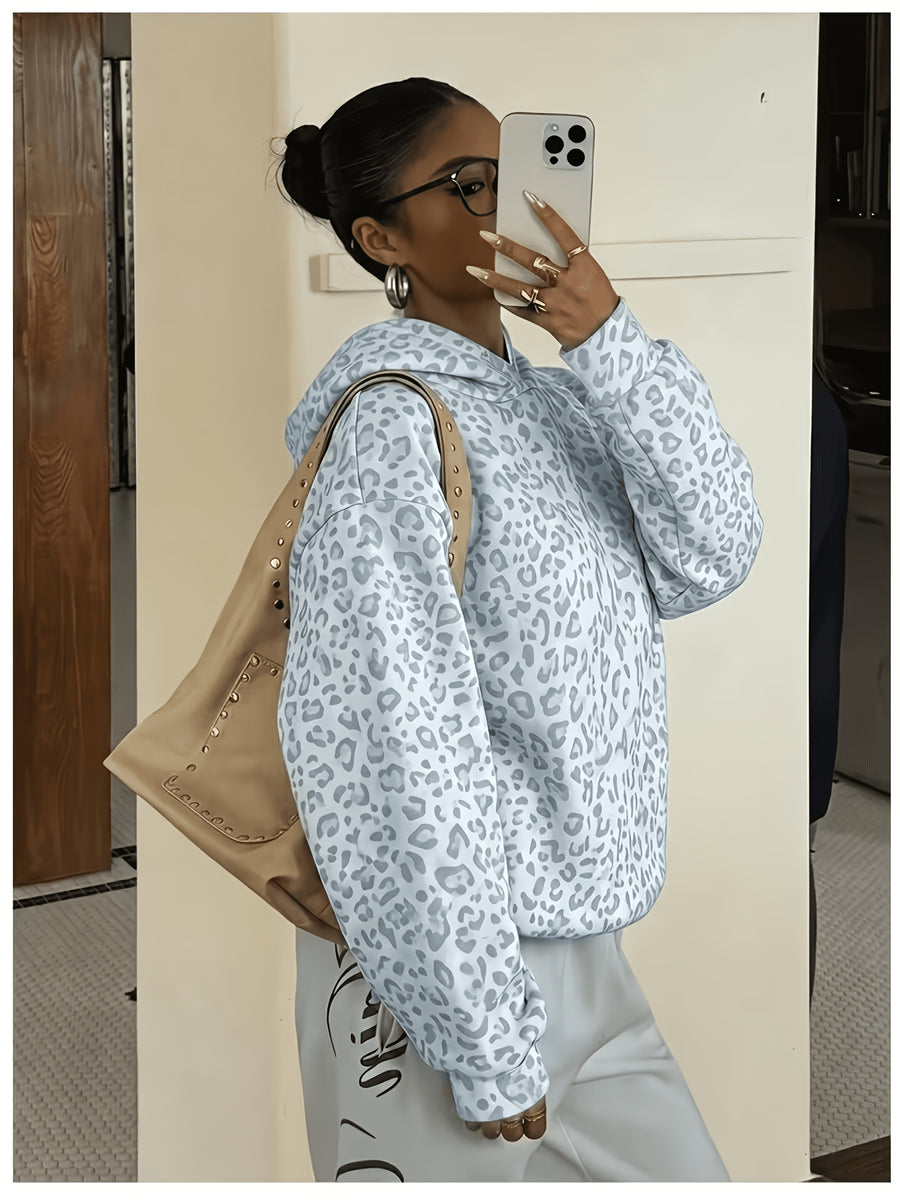 Women's Sweatshirt, Casual and Simple College-style Retro Leopard Sweatshirt[Printed Design-not Textured] - Light Blue