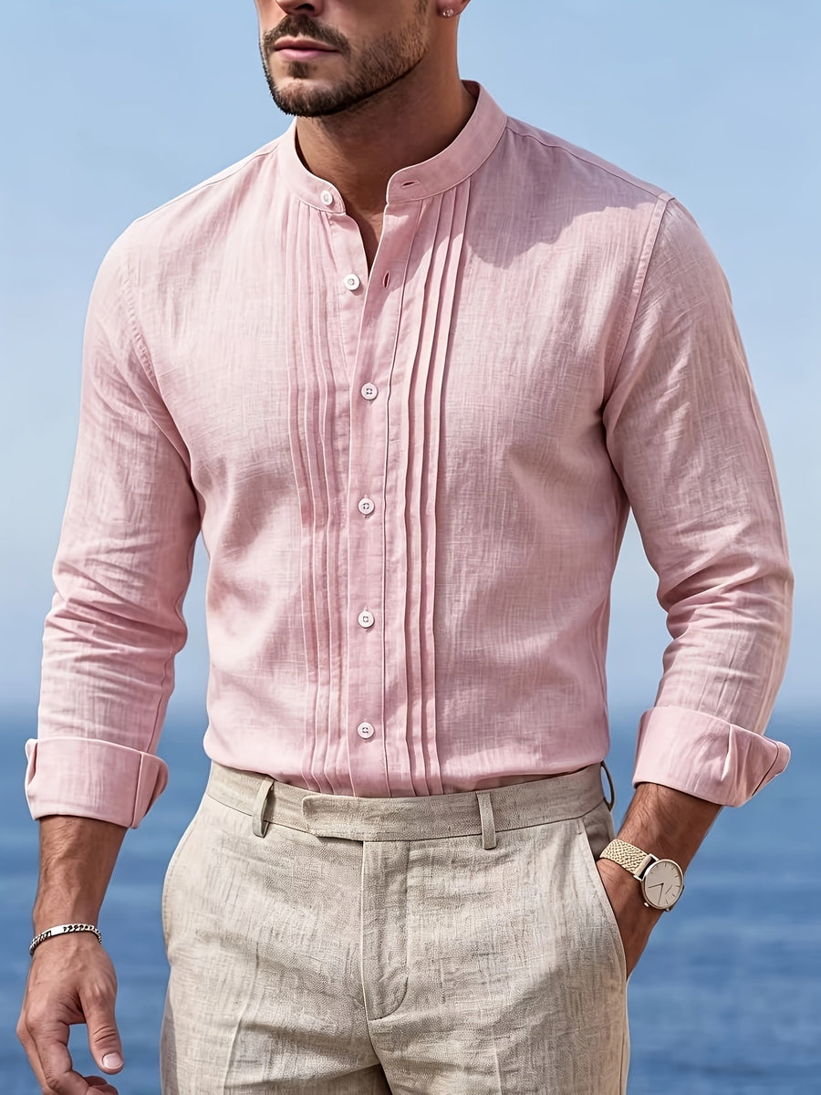 Men'S Fashion Striped Bamboo Rayon Rayon Rayon Joint Long-Sleeved Shirt - Pink Color