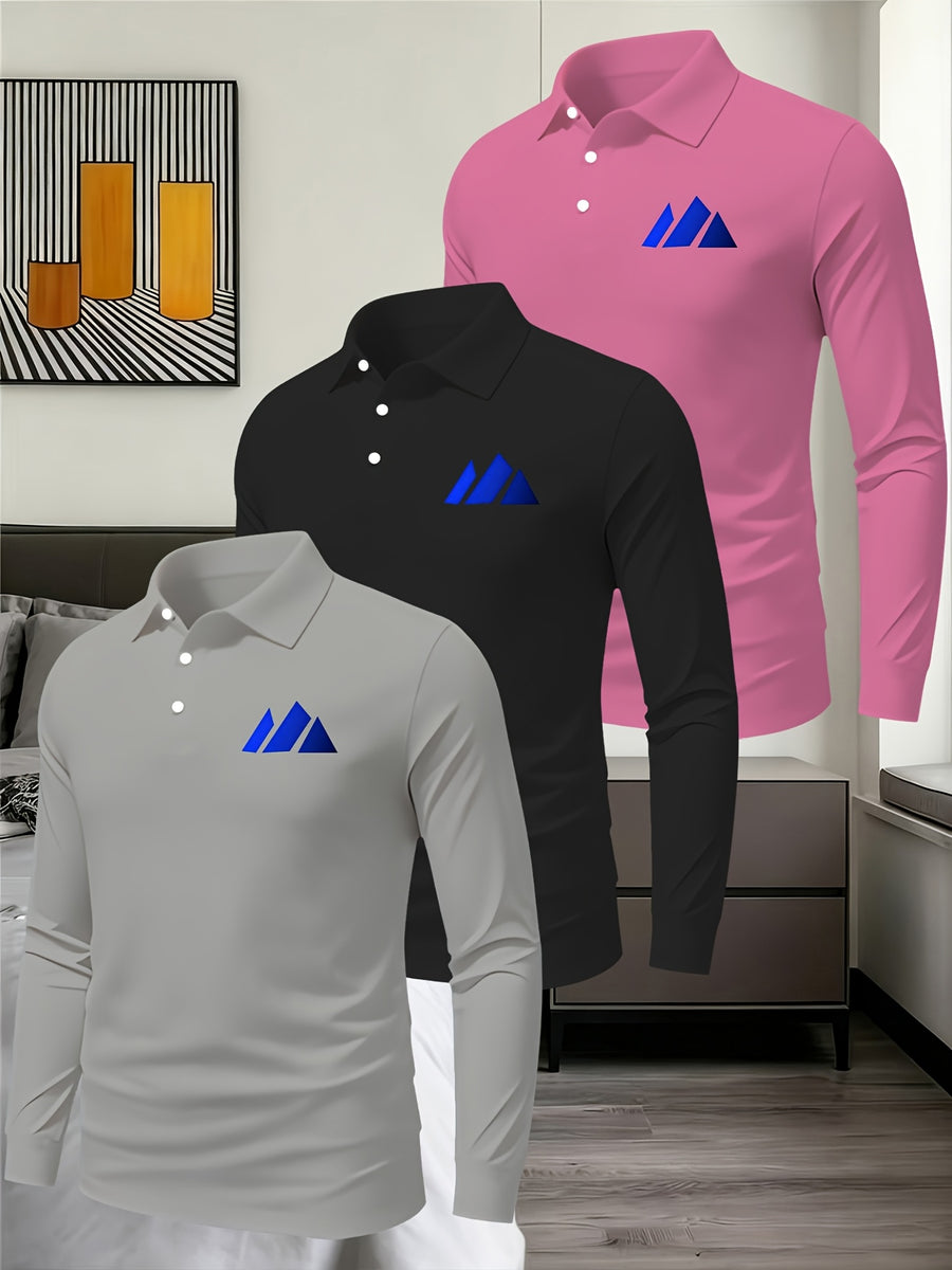 3pcs Solid Color Long Sleeve Lapel Polo Shirts for Young and Middle-Aged Men, Eyelet Lightweight Breathable Commuting Workwear Loose Fit Long Sleeve Base Layers - Gray Black Pink