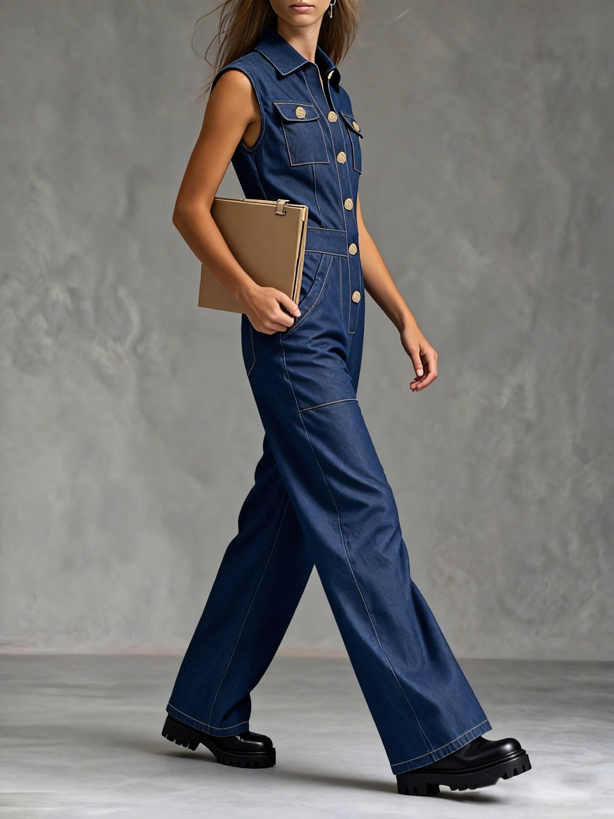 [Printed Pants - Not Denim Fabric] Women's Temperament Sleeveless Imitation Denim Jumpsuit with Single-Breasted Buttons, Pockets, and Waistband - Navy Color