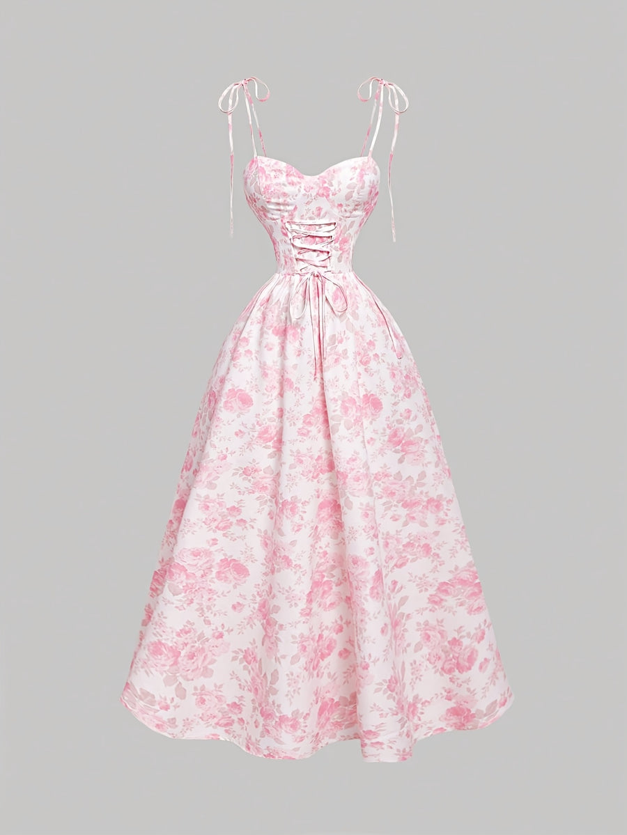 Elegant Floral Print Spaghetti Strap Long Dress | Shirred Detail, Fit And Flare Style For Adults - Pink