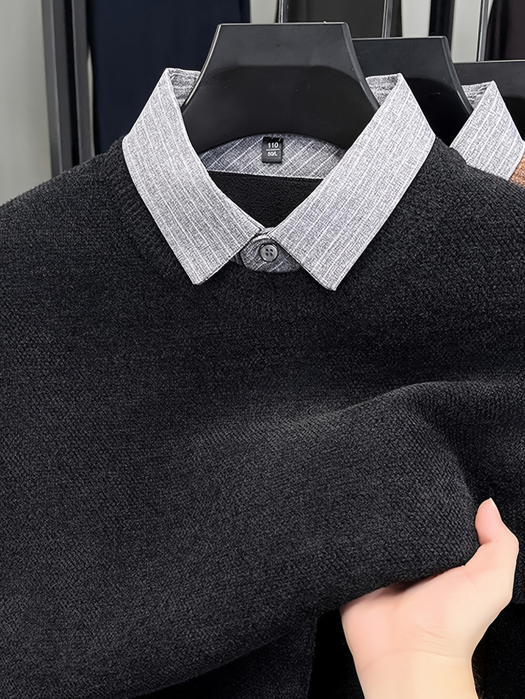 Men'S Faux Two-Piece Shirt Collar Knit Sweater, Commute Style Instant Shape, No Extra Prints, Texture-Driven Quality, Business Casual Dual Compatibility - SINBOS - Black
