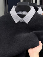 Men'S Faux Two-Piece Shirt Collar Knit Sweater, Commute Style Instant Shape, No Extra Prints, Texture-Driven Quality, Business Casual Dual Compatibility - SINBOS - Black