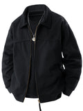 Jingmeleng Selection Men's New Outdoor Workwear Vintage Lapel Jacket - Contrast-Color Corduroy Collar - Solid Color Fabric with Drawstring - Metal Vintage YKK Zipper - Hem and Cuff Ribbed Design - Loose Fit Fashionable Trendy Casual Outerwear - Black