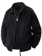 Jingmeleng Selection Men's New Outdoor Workwear Vintage Lapel Jacket - Contrast-Color Corduroy Collar - Solid Color Fabric with Drawstring - Metal Vintage YKK Zipper - Hem and Cuff Ribbed Design - Loose Fit Fashionable Trendy Casual Outerwear - Black