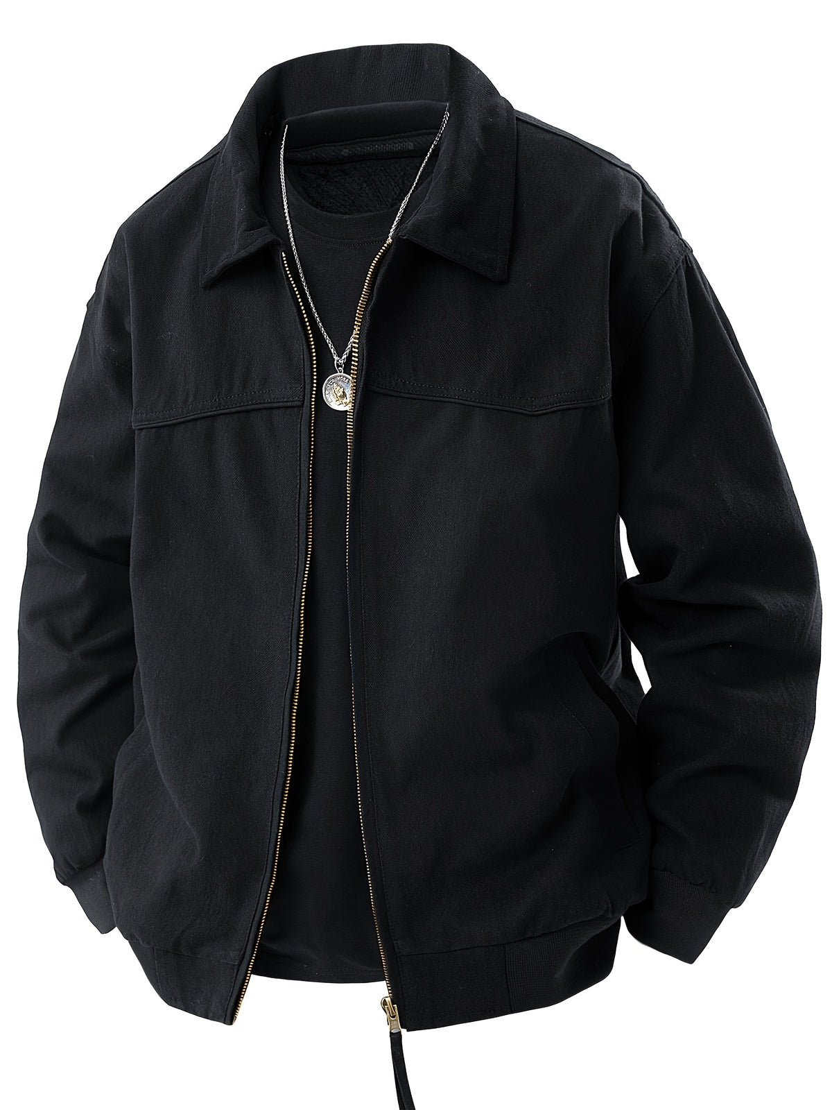 Jingmeleng Selection Men's New Outdoor Workwear Vintage Lapel Jacket - Contrast-Color Corduroy Collar - Solid Color Fabric with Drawstring - Metal Vintage YKK Zipper - Hem and Cuff Ribbed Design - Loose Fit Fashionable Trendy Casual Outerwear - Black
