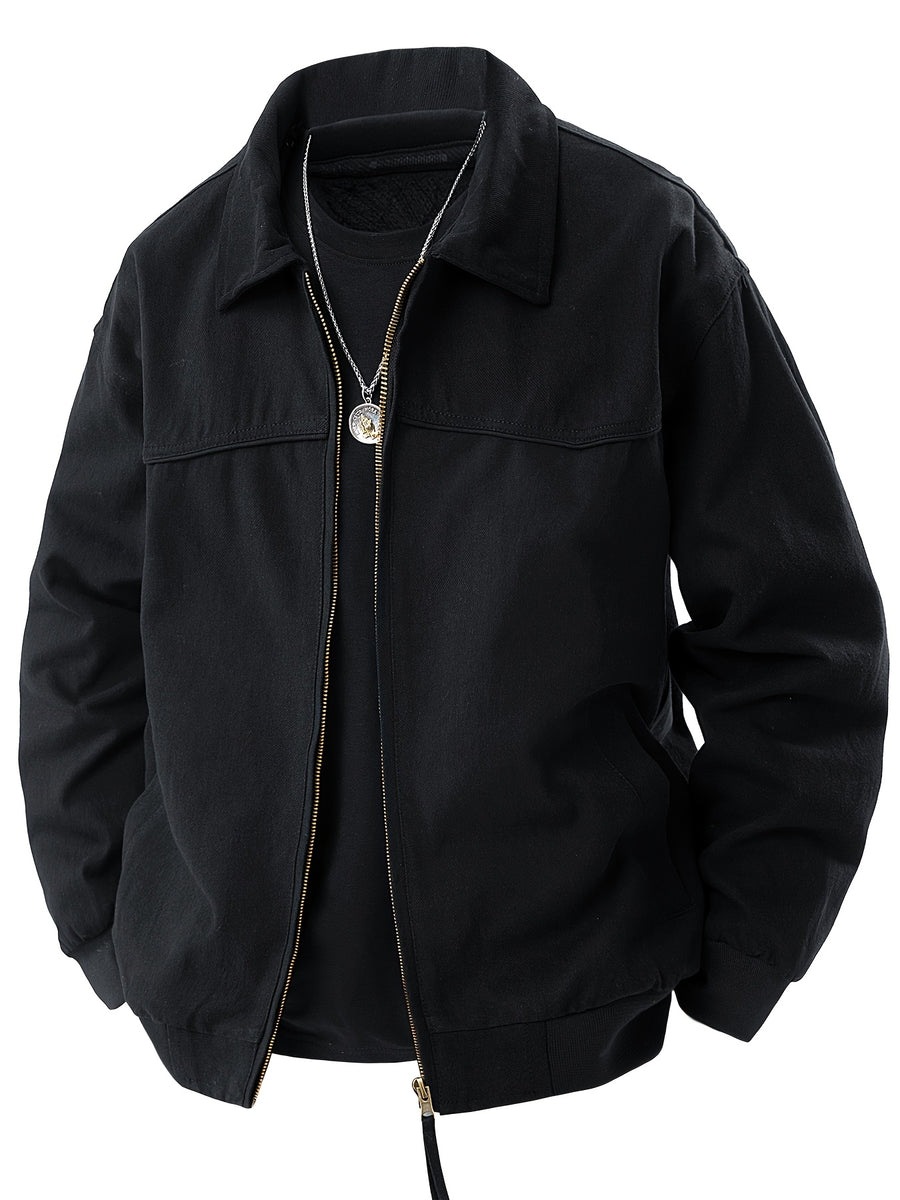 Jingmeleng Selection Men's New Outdoor Workwear Vintage Lapel Jacket - Contrast-Color Corduroy Collar - Solid Color Fabric with Drawstring - Metal Vintage YKK Zipper - Hem and Cuff Ribbed Design - Loose Fit Fashionable Trendy Casual Outerwear - Black