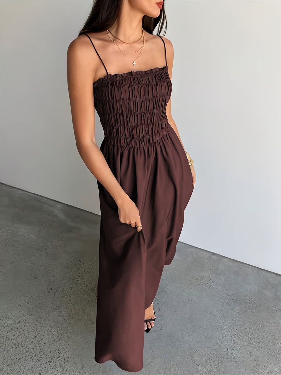 Elegant, Exquisite And Fashionable Women'S Dark Brown Strapless Shirred Thin Shoulder Strap Camisole Maxi Dress, Bridesmaid Dress. High-Waisted A-Line Silhouette, Suitable for Daily Commute, Dating, Casual Vacation And Party Wear - Burgundy