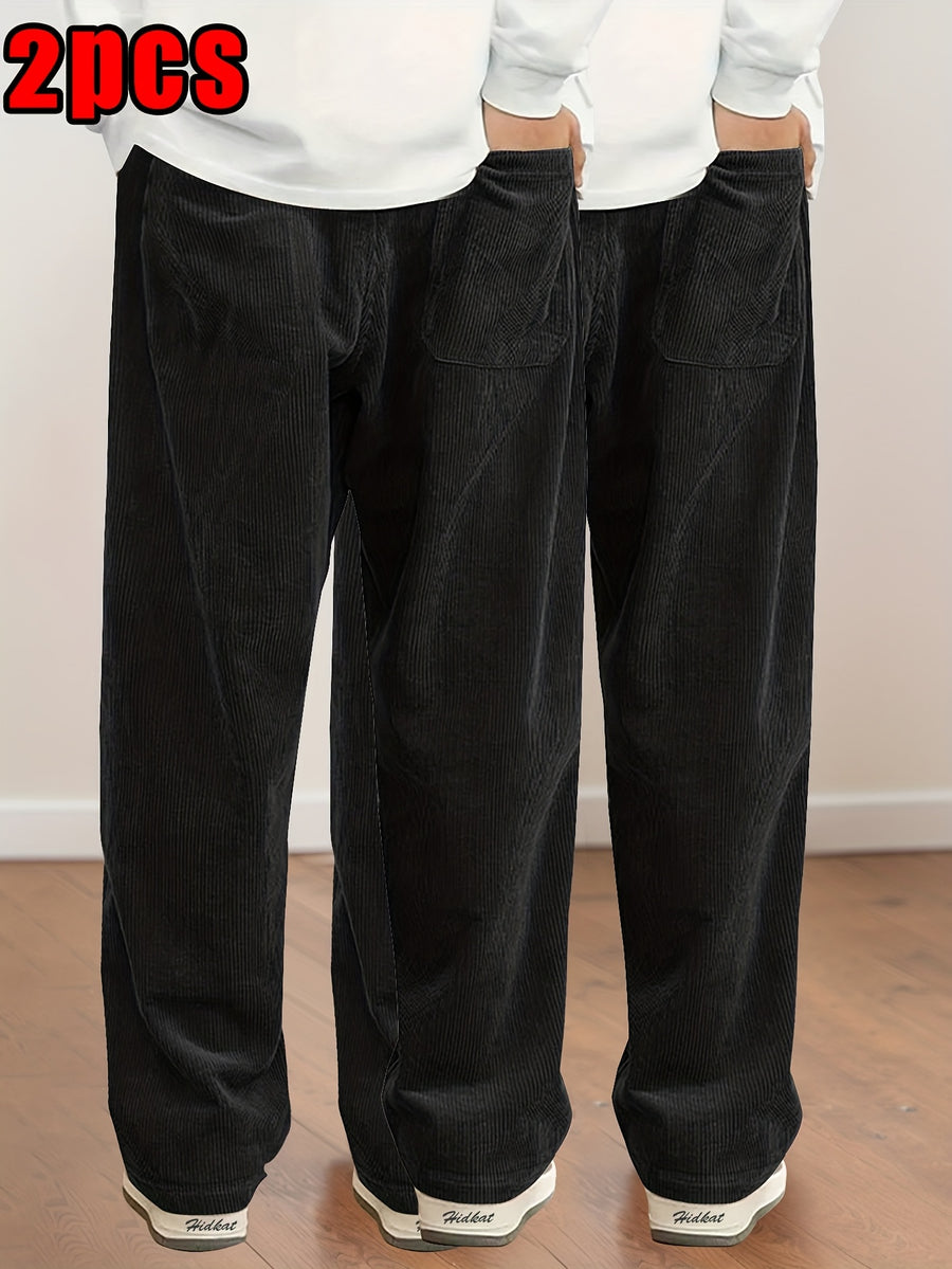 2pcs Women's Corduroy Pants, Spring/Autumn Elastic Waist with Drawstring, Back Pockets, Casual Trousers, Suitable for Casual, S, Dating, Etc. - Black+black