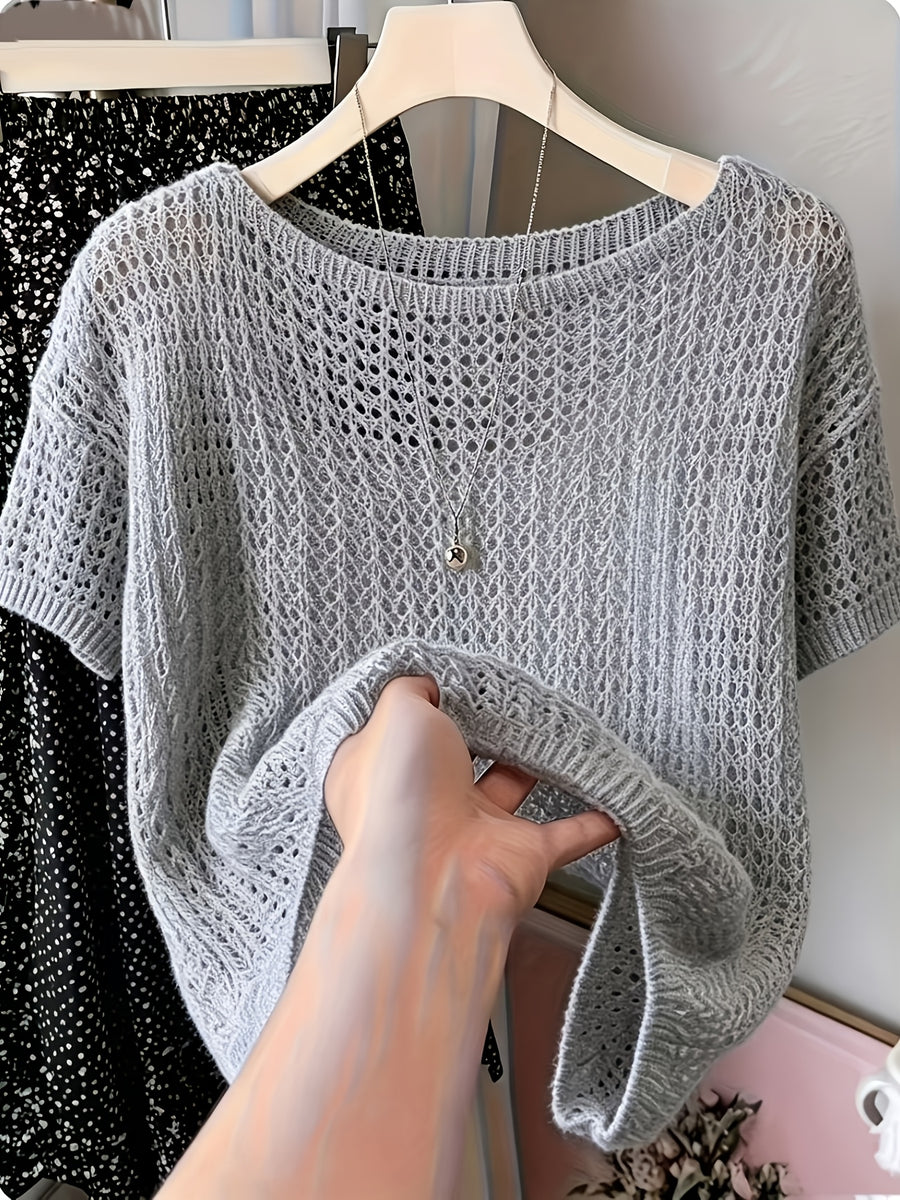 Women's Hollow Out Short Sleeve Blouse Sweater - Semi-Sheer Crochet Round Neck Lightweight Summer Top, Breathable Loose Pullover Blouse Suitable for Daily Wear & Vacation, Machine Washable Solid Color Crochet Knitwear - Grey