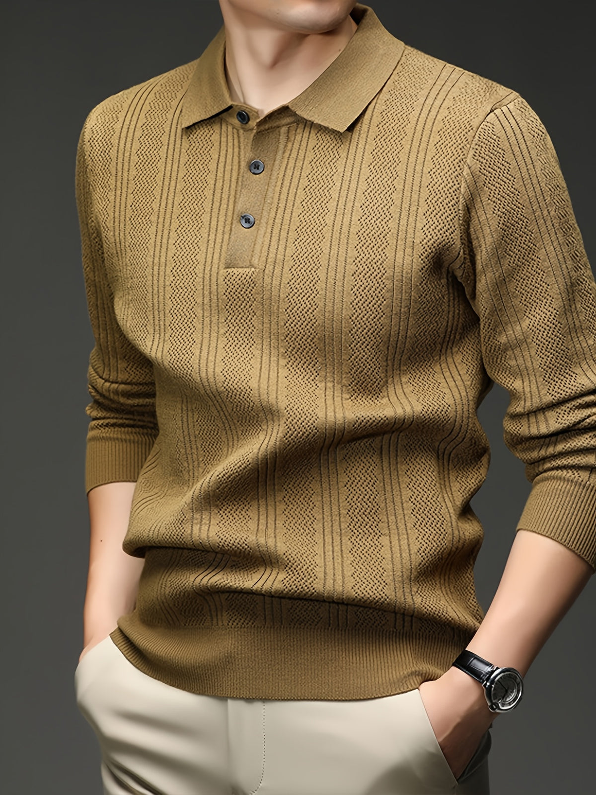 Autumn Renewal 1pc: Black Knitted Long-Sleeve Polo Shirt for Middle-Aged Men, Vertical Stripe Jacquard, Three-Button Lapel, Business Casual, Slim Fit for Spring/Autumn, Commuting and Daily Layering Top - Khaki