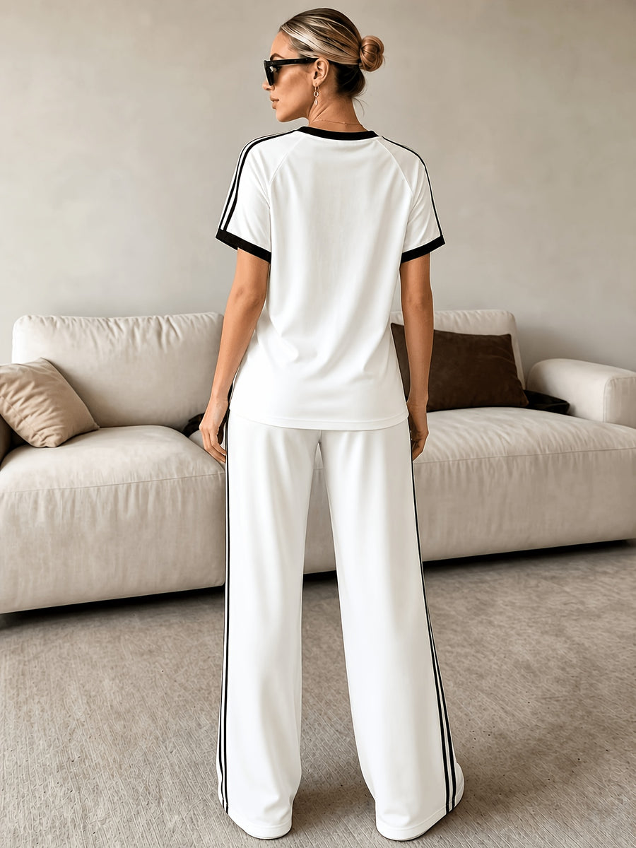 2pcs Set Women's Regular Size Short Sleeve Long Pants Outfit, Color-Blocked Comfortable Soft Casual Sportswear Set with Long Sweatpants and Short Sleeve Top - White