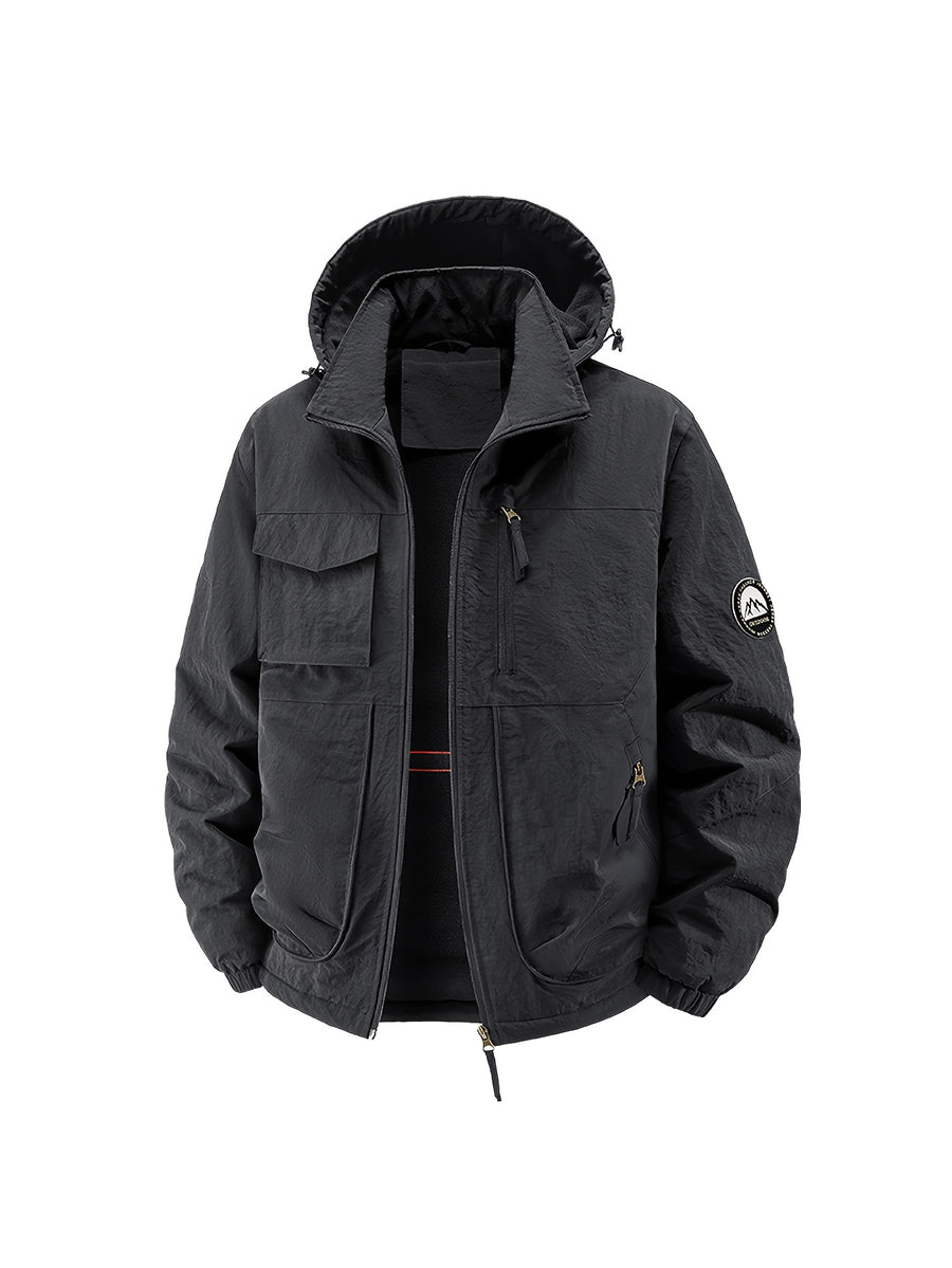 Fleece-Lined Cargo Jacket, Detachable Hood, Multi-Pocket Outerwear, Men'S Outdoor Hiking Commuter, Loose Thickened Plush Lining, Detachable Arm Badge Windproof Warm Functional Jacket - Black