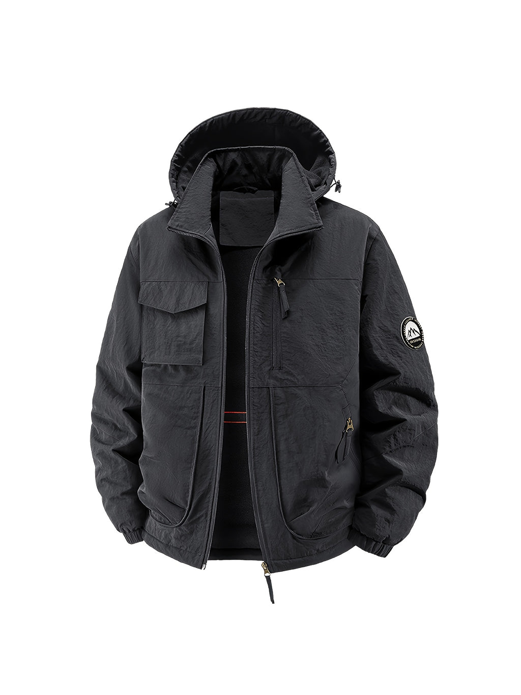 Fleece-Lined Cargo Jacket, Detachable Hood, Multi-Pocket Outerwear, Men'S Outdoor Hiking Commuter, Loose Thickened Plush Lining, Detachable Arm Badge Windproof Warm Functional Jacket - Black