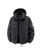 Fleece-Lined Cargo Jacket, Detachable Hood, Multi-Pocket Outerwear, Men'S Outdoor Hiking Commuter, Loose Thickened Plush Lining, Detachable Arm Badge Windproof Warm Functional Jacket - Black