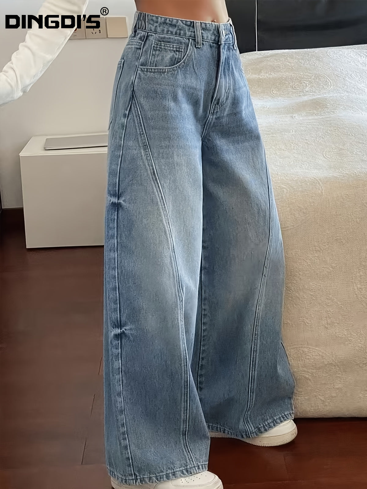 Women'S New Loose Wide-Leg Elastic Waist Jeans, Classic Boyfriend Style Floor-Length Trousers, Casual Home Wear Design with Ripped Patchwork, 90S Classic Acid-Wash Blue Retro Zipper Pants, Comfortable Fit Suitable for Work And Travel - Light Blue