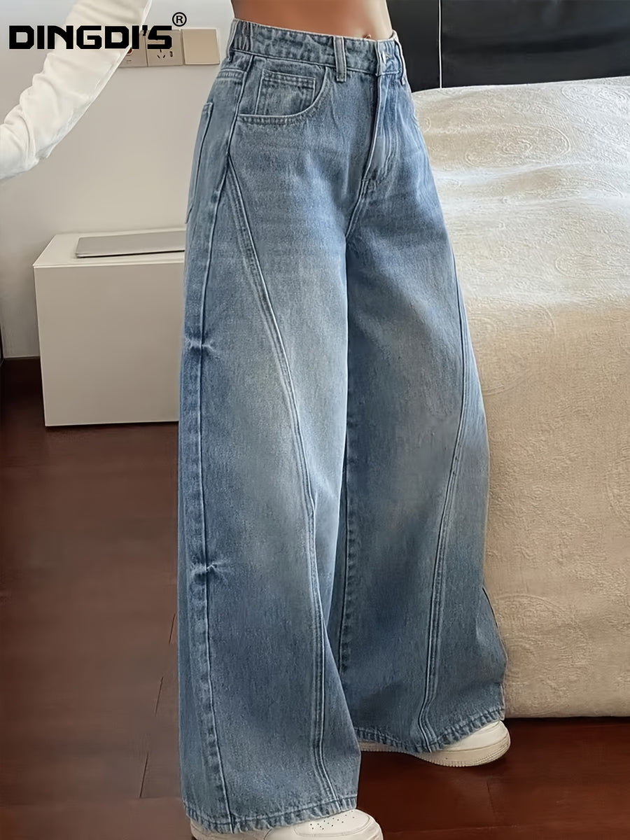 Women'S New Loose Wide-Leg Elastic Waist Jeans, Classic Boyfriend Style Floor-Length Trousers, Casual Home Wear Design with Ripped Patchwork, 90S Classic Acid-Wash Blue Retro Zipper Pants, Comfortable Fit Suitable for Work And Travel - Light Blue