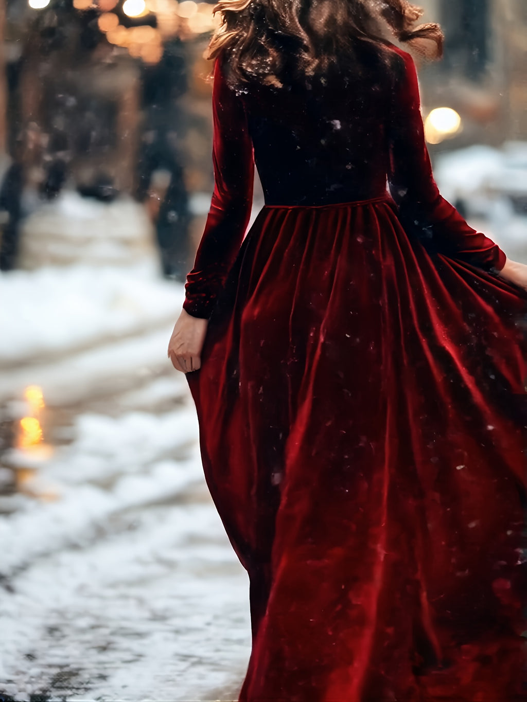 Burgundy Velvet Dress with Round Neck And Long Sleeves, A-Line Skirt Suitable for Vacation And Banquets, Light Dress Long Gown - Burgundy