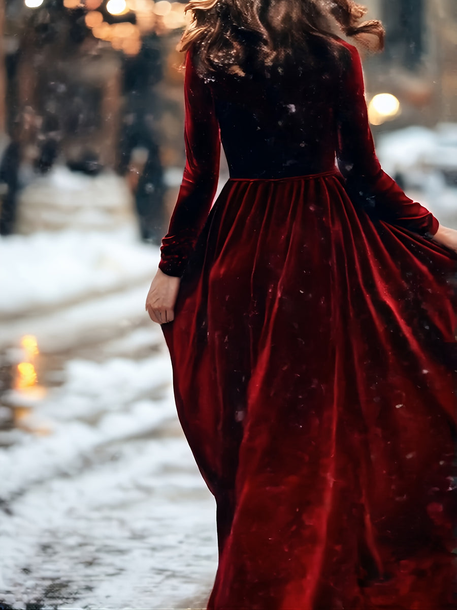 Burgundy Velvet Dress with Round Neck And Long Sleeves, A-Line Skirt Suitable for Vacation And Banquets, Light Dress Long Gown - Burgundy