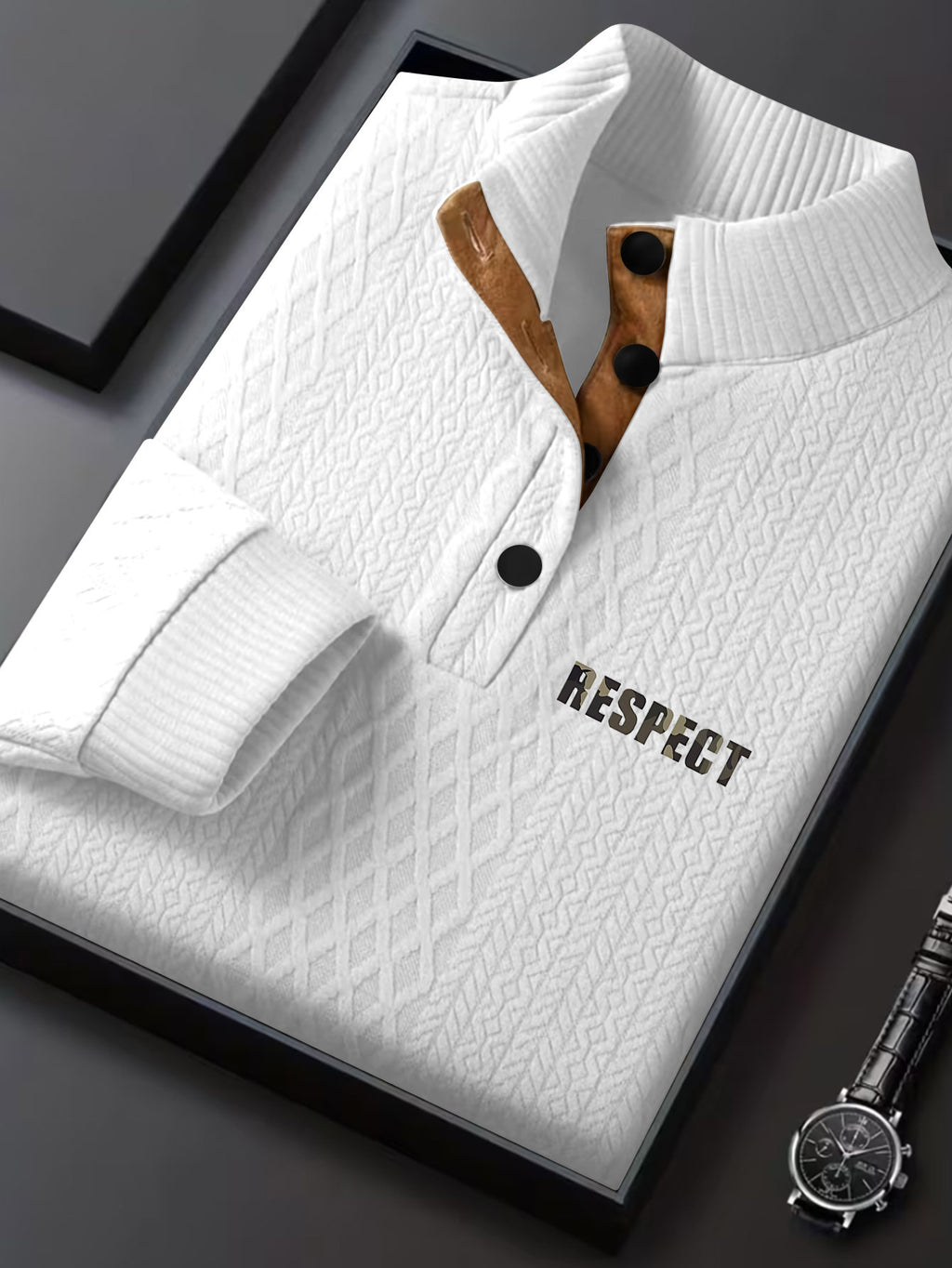 Men'S New Jacquard Top Features a Textured Classic Stand-Up Collar That Enhances The Neck Line, with a Half-Button Placket That Continues The Vintage Henley Shirt Style, Complemented by Patchwork, Making It a Fashionable Knitwear - White
