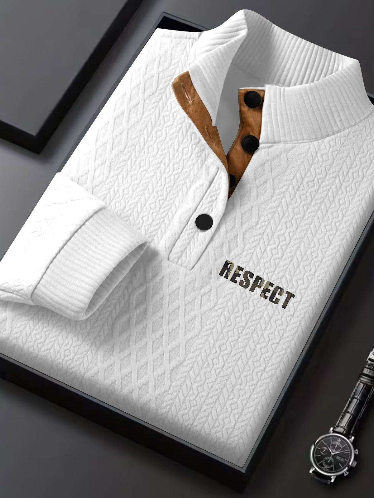 Men'S New Jacquard Top Features a Textured Classic Stand-Up Collar That Enhances The Neck Line, with a Half-Button Placket That Continues The Vintage Henley Shirt Style, Complemented by Patchwork, Making It a Fashionable Knitwear - White