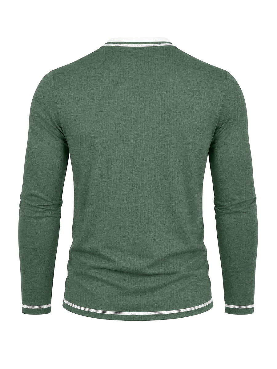 Cross-Border Men's Long Sleeve Crew Neck T-Shirt 2-in-1 Look Henley Shirt European and American Men's Pullover Top Base Layer Shirt - Green