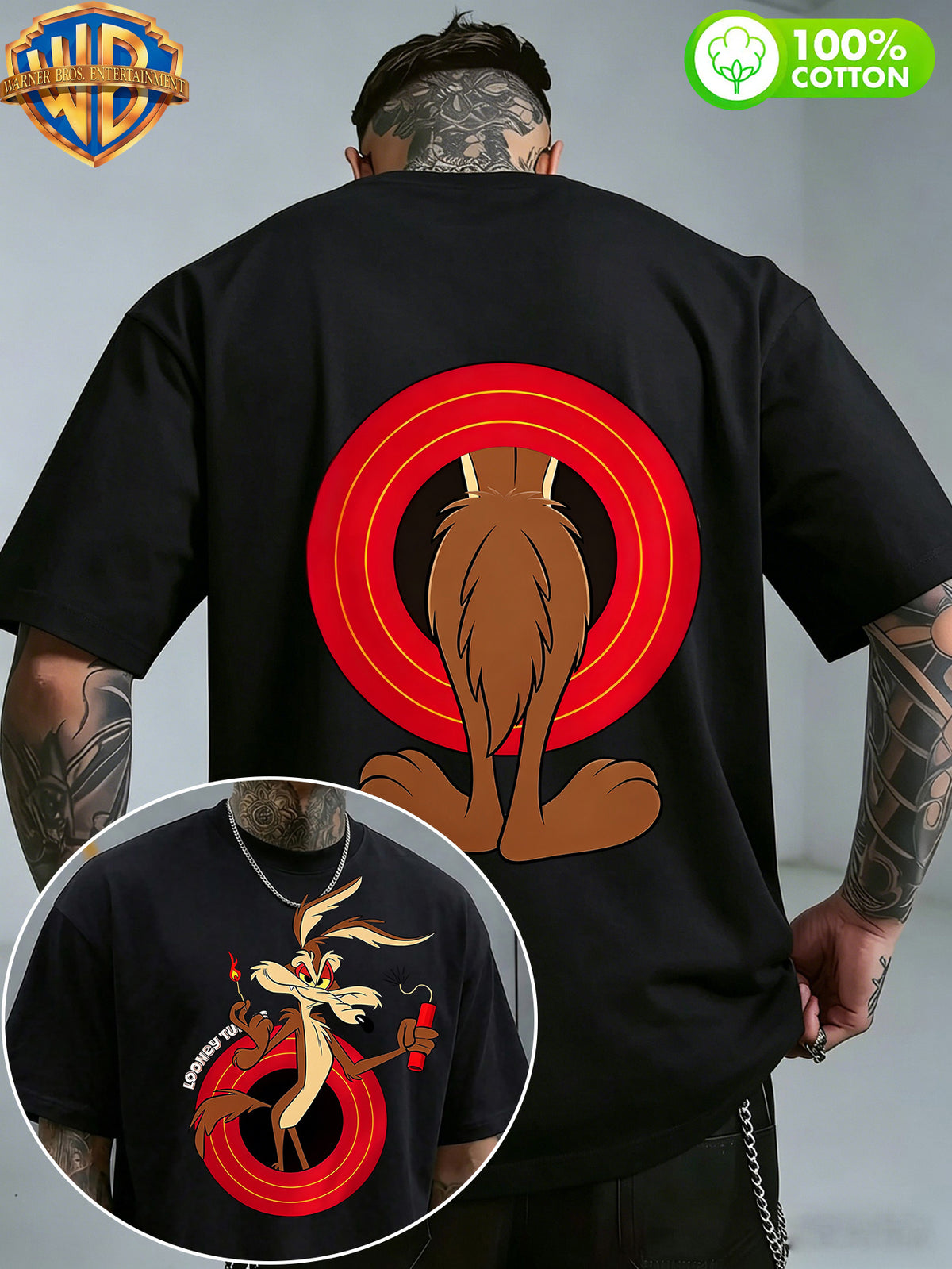 Authorized by Warner Bros., 1pc, American Retro Cartoon Contrast Sense Distorted Heart Wolf Trendy T-Shirt, Men'S 100% Casual Comfortable Versatile Loose Summer Short Sleeve T-Shirt, Double-Sided Print Front And Back, Suitable for Outdoor Wear, Gym - Black