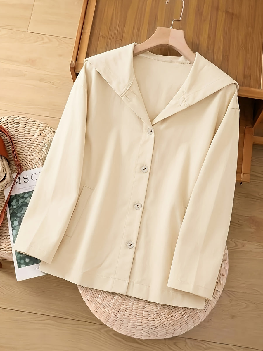 Women'S Fashion Commuter Single Button Fake Side Pocket Loose All-Match Thin Hooded Jacket - Apricot