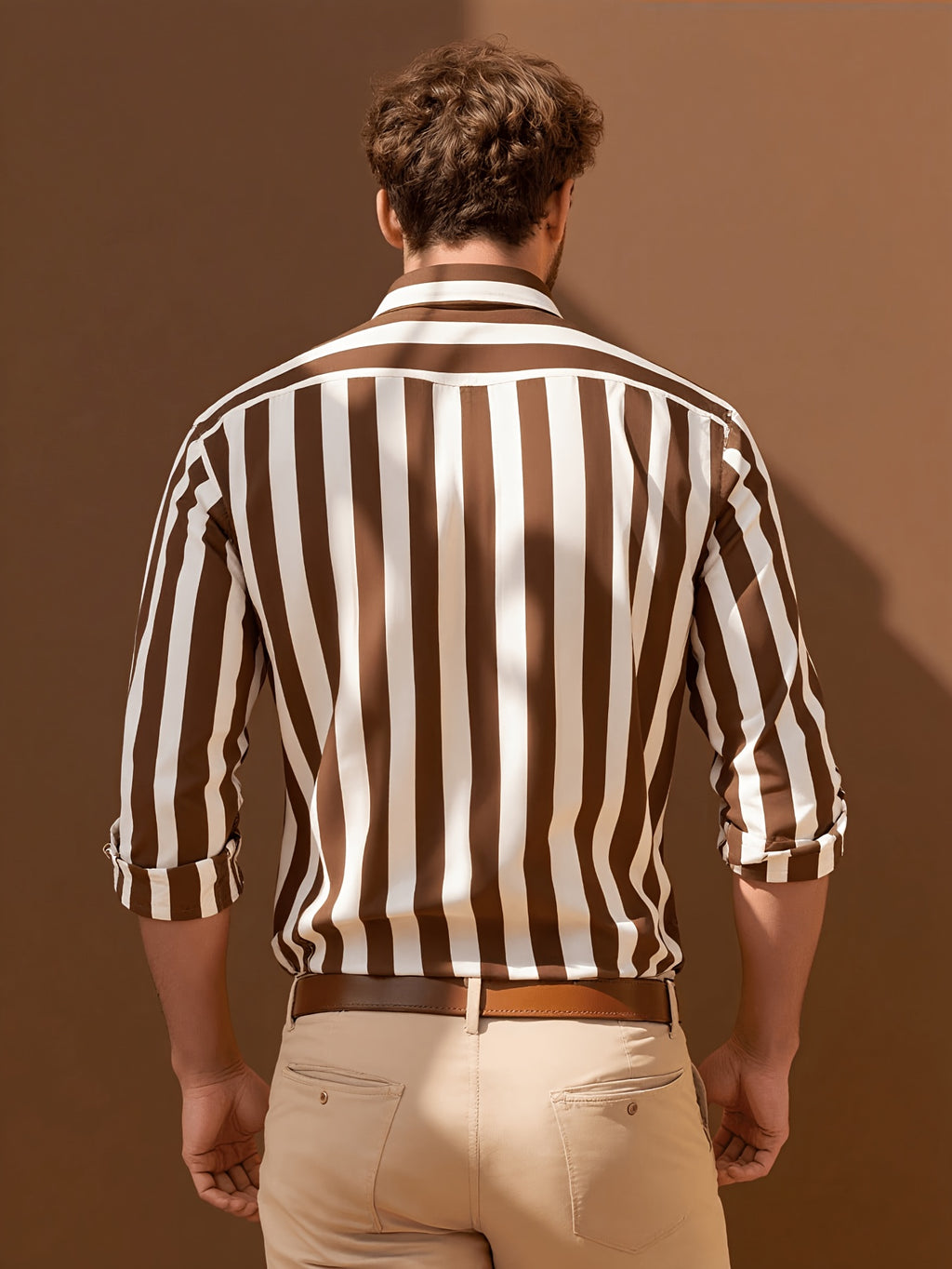 Men's Brown and White Vertical Stripe Shirt, Draped Casual Long-Sleeve Shirt, Versatile Top for Vacation and Commuting - Maroon