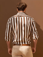 Men's Brown and White Vertical Stripe Shirt, Draped Casual Long-Sleeve Shirt, Versatile Top for Vacation and Commuting - Maroon