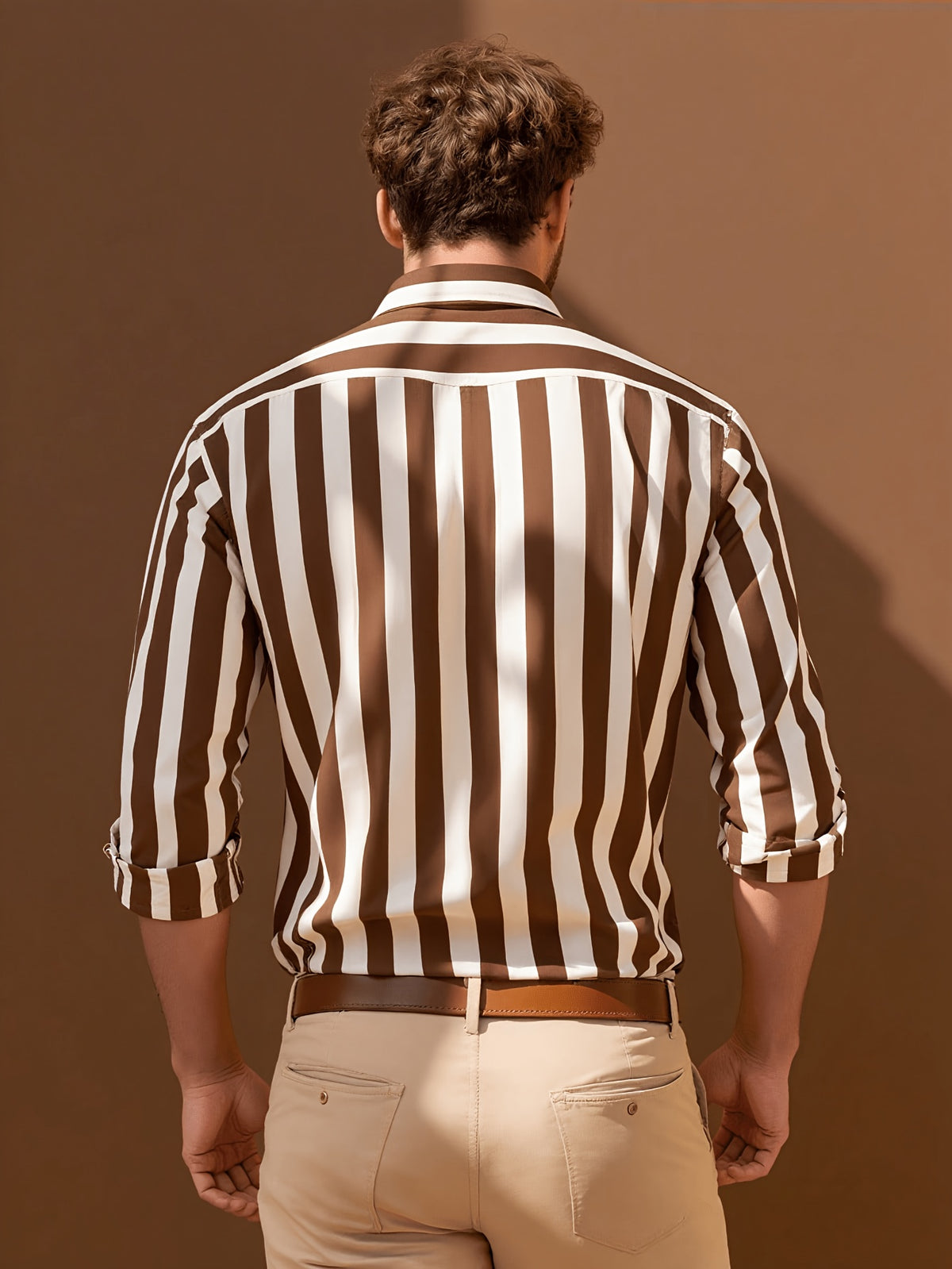 Men's Brown and White Vertical Stripe Shirt, Draped Casual Long-Sleeve Shirt, Versatile Top for Vacation and Commuting - Maroon