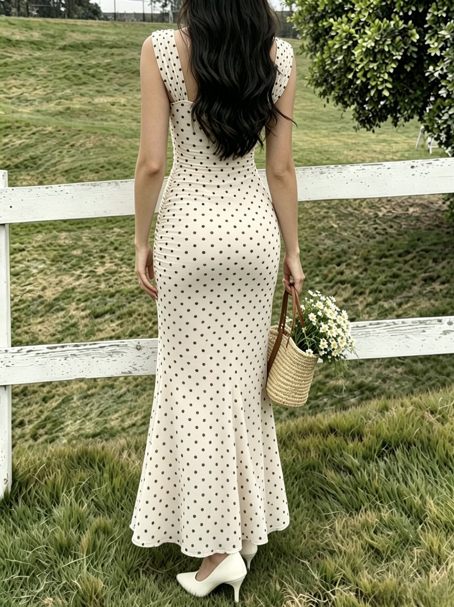 Elegant Women's Polka-dot Printed Maxi Dress with a Square Neckline, Body-hugging Mermaid Hem, and Thigh-high Slit Design - Apricot