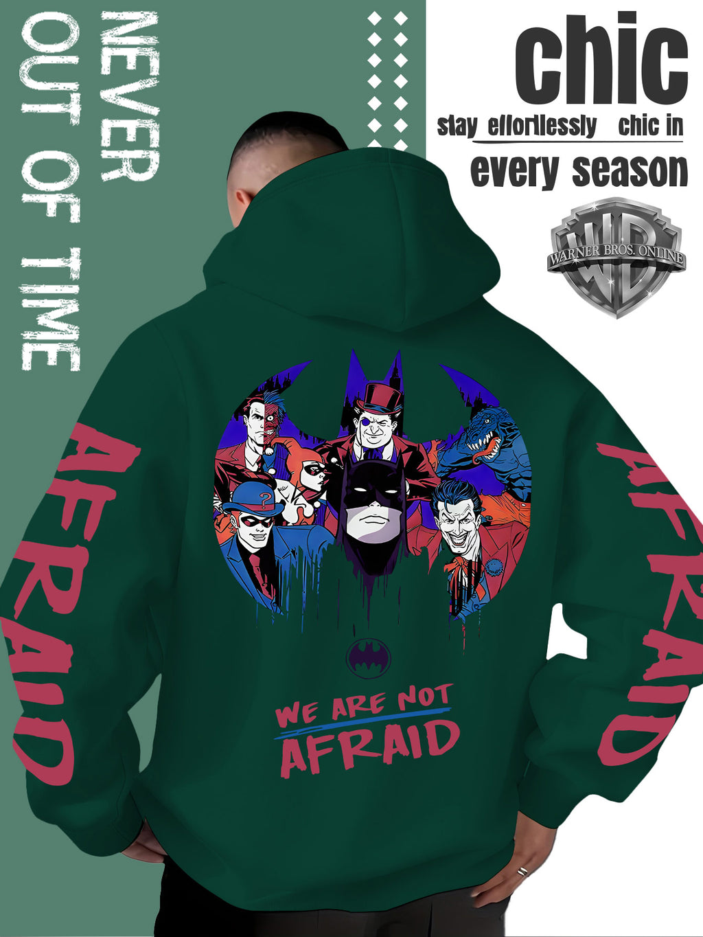 Men'S Batman Hooded Sweatshirt, Cool Graphic Print with Hero And Villain Characters, English Slogans And Sleeve Graffiti, Classic Meets American Dark Streetwear, Fall/Winter Comfortable Long Sleeve, Trendy Street Style for Men - Green