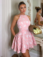 Women'S Elegant Easy Jacquard Fabric Halter Neck Sleeveless Dress, Back Zipper Side Pleat Design, Suitable for Banquets And Afternoon Tea Gatherings - pink color