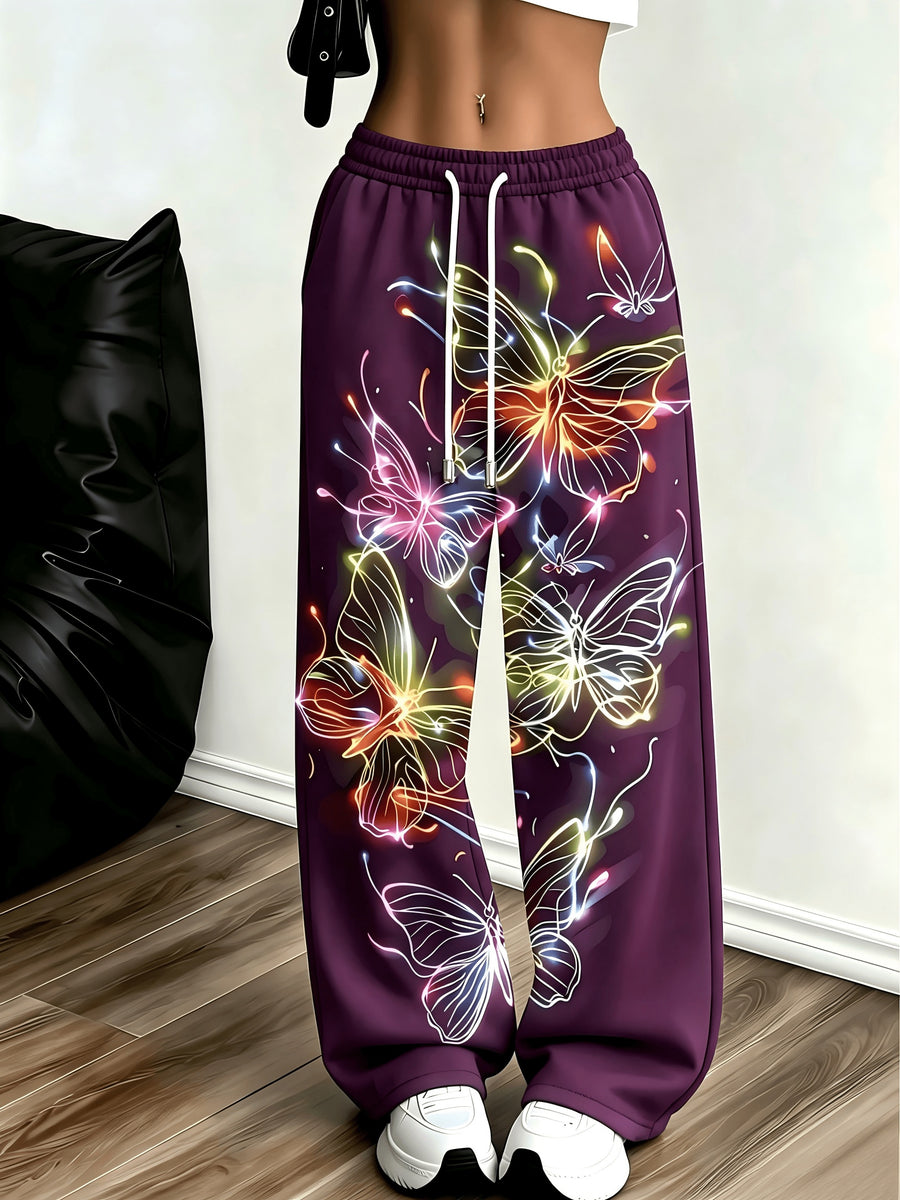 Women's Neon Butterfly Glow-in-the-dark Pattern Jogging Pants with Pockets, Elastic Waistband, and Straight-leg Design - Multicolor