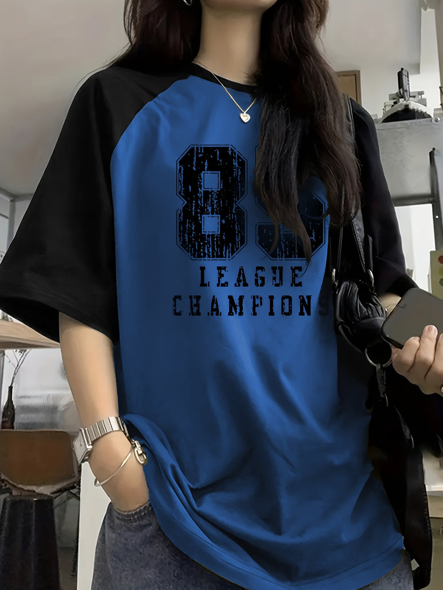 Letter Print Drop Shoulder T-Shirt, Short Sleeve Crew Neck Casual Top for Spring & Summer, Women'S Clothing - Blue