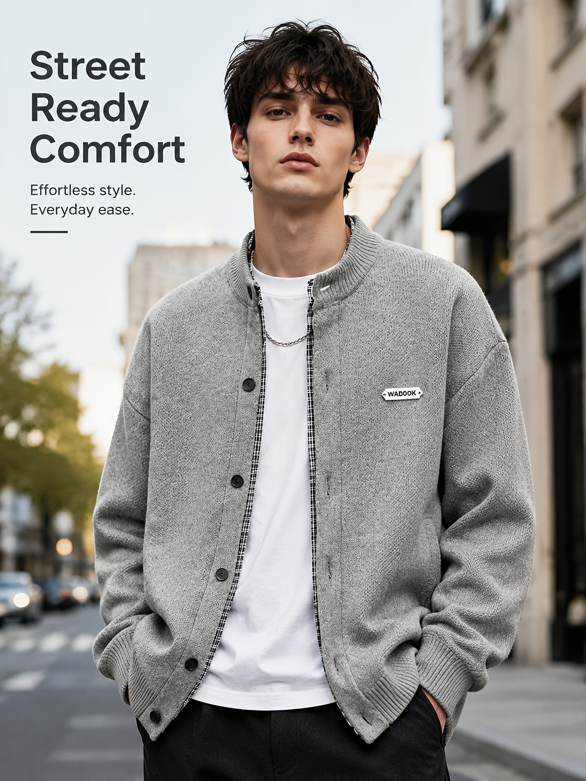 Daily Deal 1pc Men's Knit Cardigan with Baseball Collar, Plaid Trim, Button-Front, Small Label Decor, Urban Street Style, Spring & Fall Loose Fit Daily Sweater Outerwear - Grey