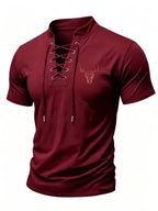 Men'S Henley Collar Cross-Strap Short Sleeve T-Shirt, Subtle Golden Stag Head Print, Delicate Skin-Friendly Fabric, Comfortable And Breathable Non-Tight Fit, Sophisticated Detail for Mature Style, Farewell to Dullness And Enhanced Premium Look - Burgundy