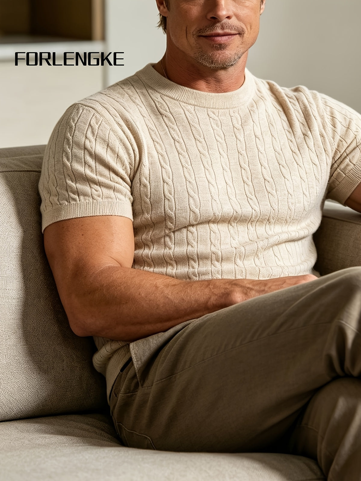 FORLENGKE Men's Summer Relaxed Holiday Style Cable Knit Crew Neck Short Sleeve T-Shirt, Soft Skin-Friendly Wrinkle-Resistant Fabric, Ideal for Summer Seaside Vacations, Market Strolls, Coffee Breaks, Short Road Trips, Friend Gatherings, and Holiday - Apricot