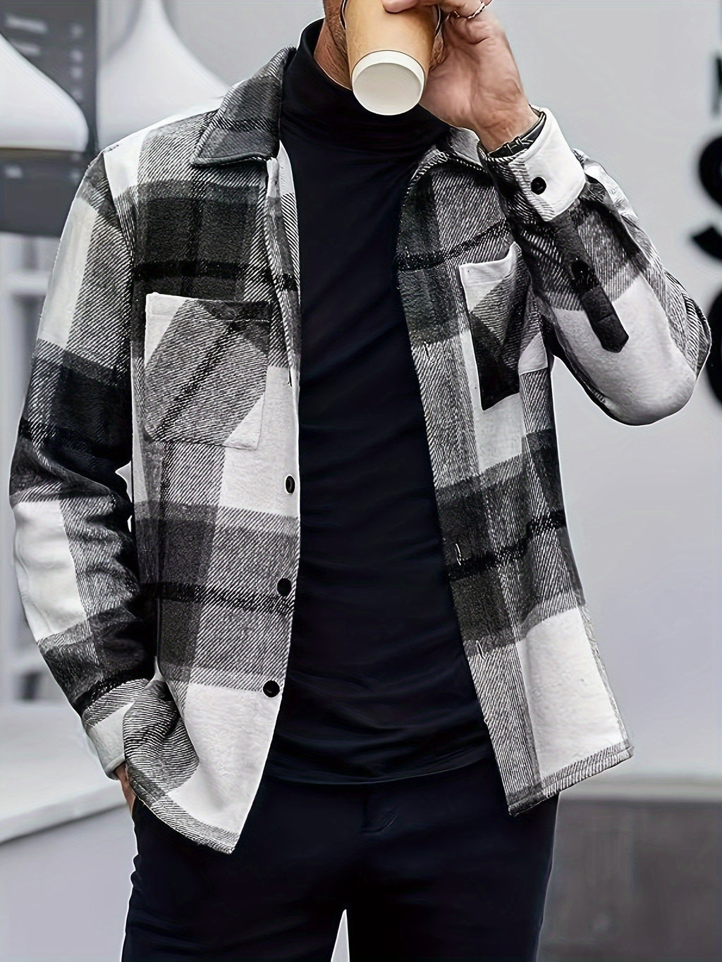 Men's Flannel Thickened Warm Casual Fashion Versatile Plaid Shirt Jacket - Black