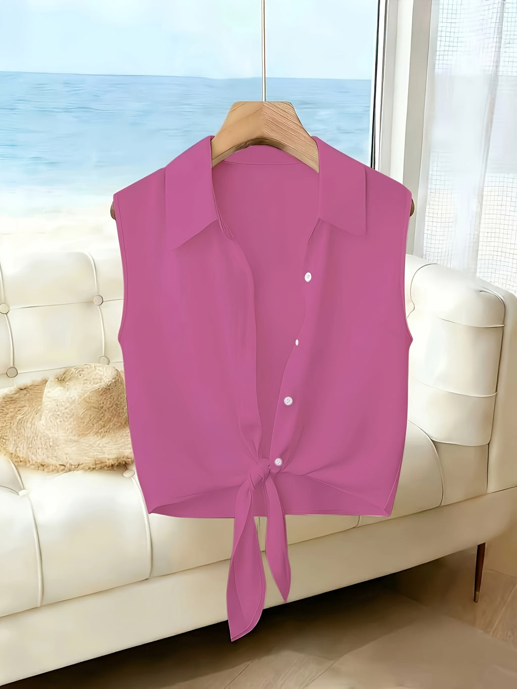Women's New Spring/Summer Elegant French-Style Minimalist Lapel Sleeveless Shirt, Single-Breasted with Hem Tie Design, Lightweight, Breathable, and Slim-Fitting, a Summer Top Suitable for Women in Spring and Summer, Casual Style Women's Top - Rose Red