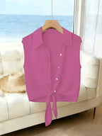 Women's New Spring/Summer Elegant French-Style Minimalist Lapel Sleeveless Shirt, Single-Breasted with Hem Tie Design, Lightweight, Breathable, and Slim-Fitting, a Summer Top Suitable for Women in Spring and Summer, Casual Style Women's Top - Rose Red