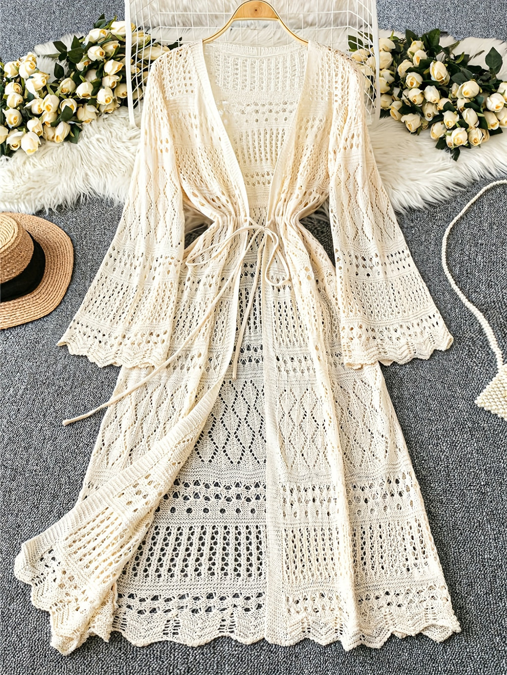 Women's Solid Color Beach Vacation Romantic Crochet Mesh Drawstring Tie Bow Cardigan Western Clothing - High-End - Apricot