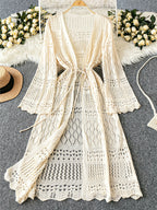 Women's Solid Color Beach Vacation Romantic Crochet Mesh Drawstring Tie Bow Cardigan Western Clothing - High-End - Apricot