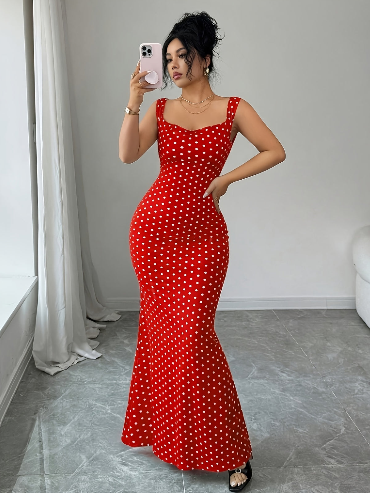 Elegant Vintage Polka Dot Mermaid Dress with Square Neck & Backless Bow Spliced Hem - -Line Wedding Guest Dress Suitable for Parties, Prom, Special Occasions - Red