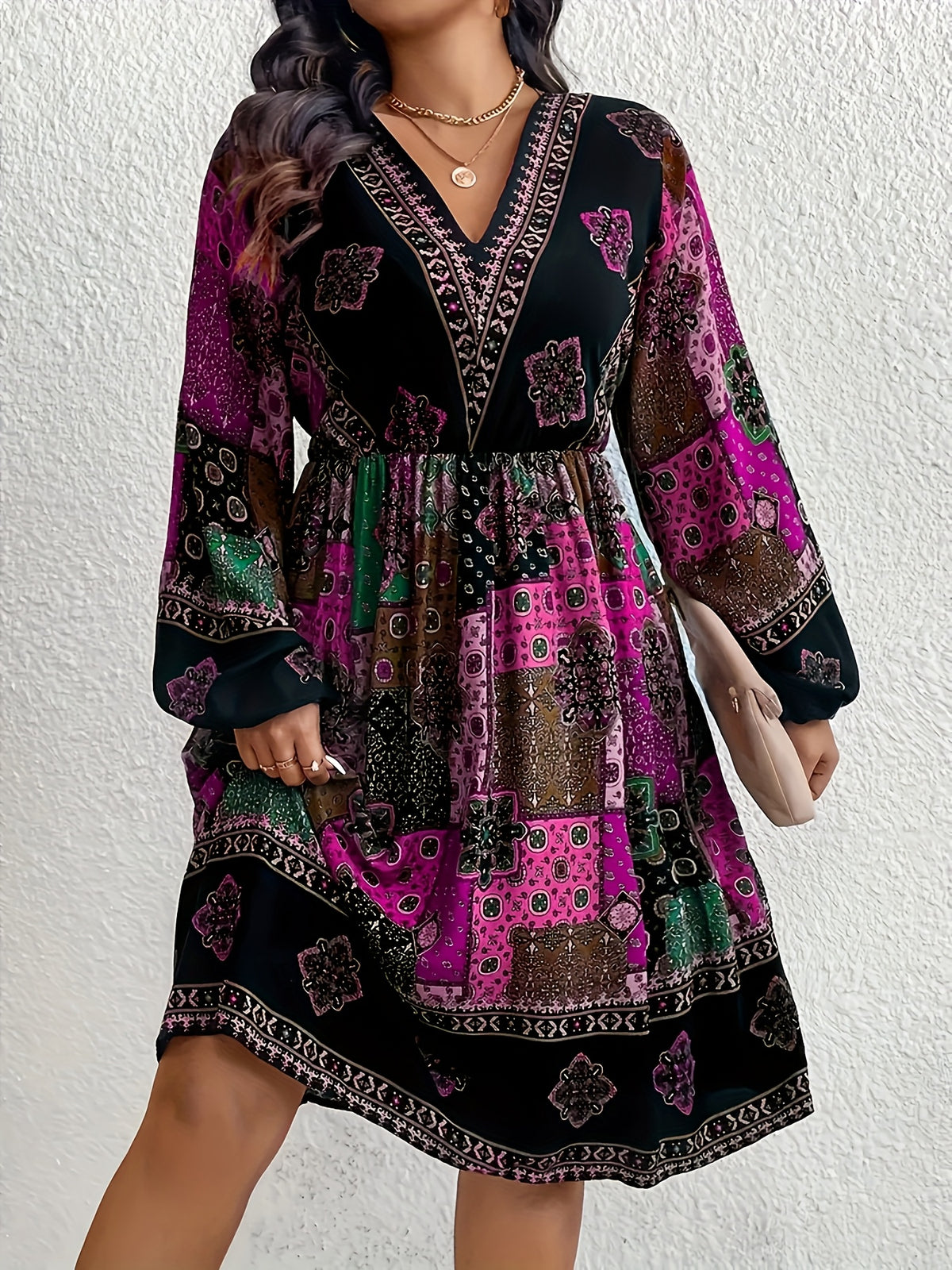 Plus Size - Plus Size - Bohemian Style Plus-Size V-Neck Lantern Sleeve Dress with Elegant Geometric Patterns - Rose Red