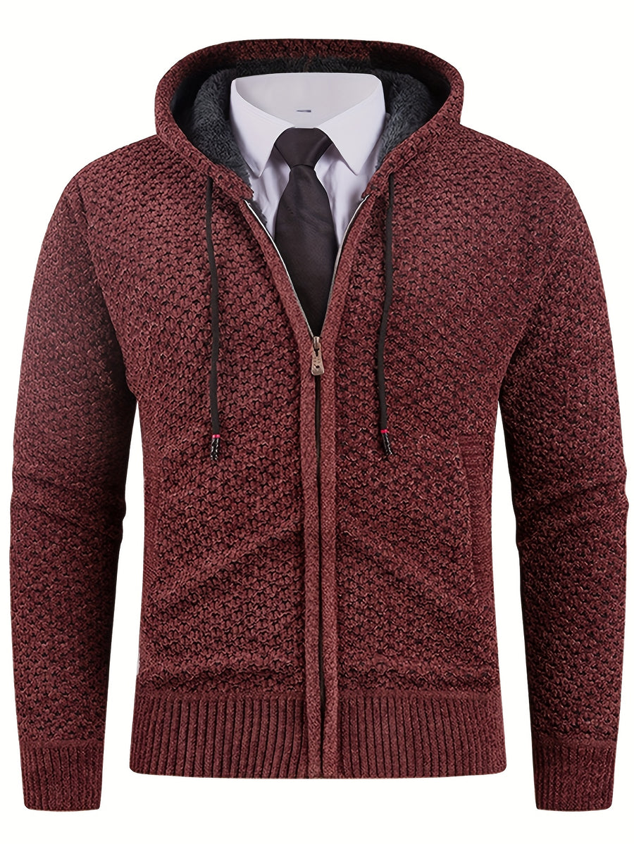 Solid Color Men'S Autumn And Winter New Style Men'S Coarse Yarn Knitted Long Zipper Cardigan Long Sleeved Hooded Drawstring Fashionable Casual Business Versatile with Thick Velvet Insulation Pocket Sports Vitality Elastic Jacket - Coffee Color