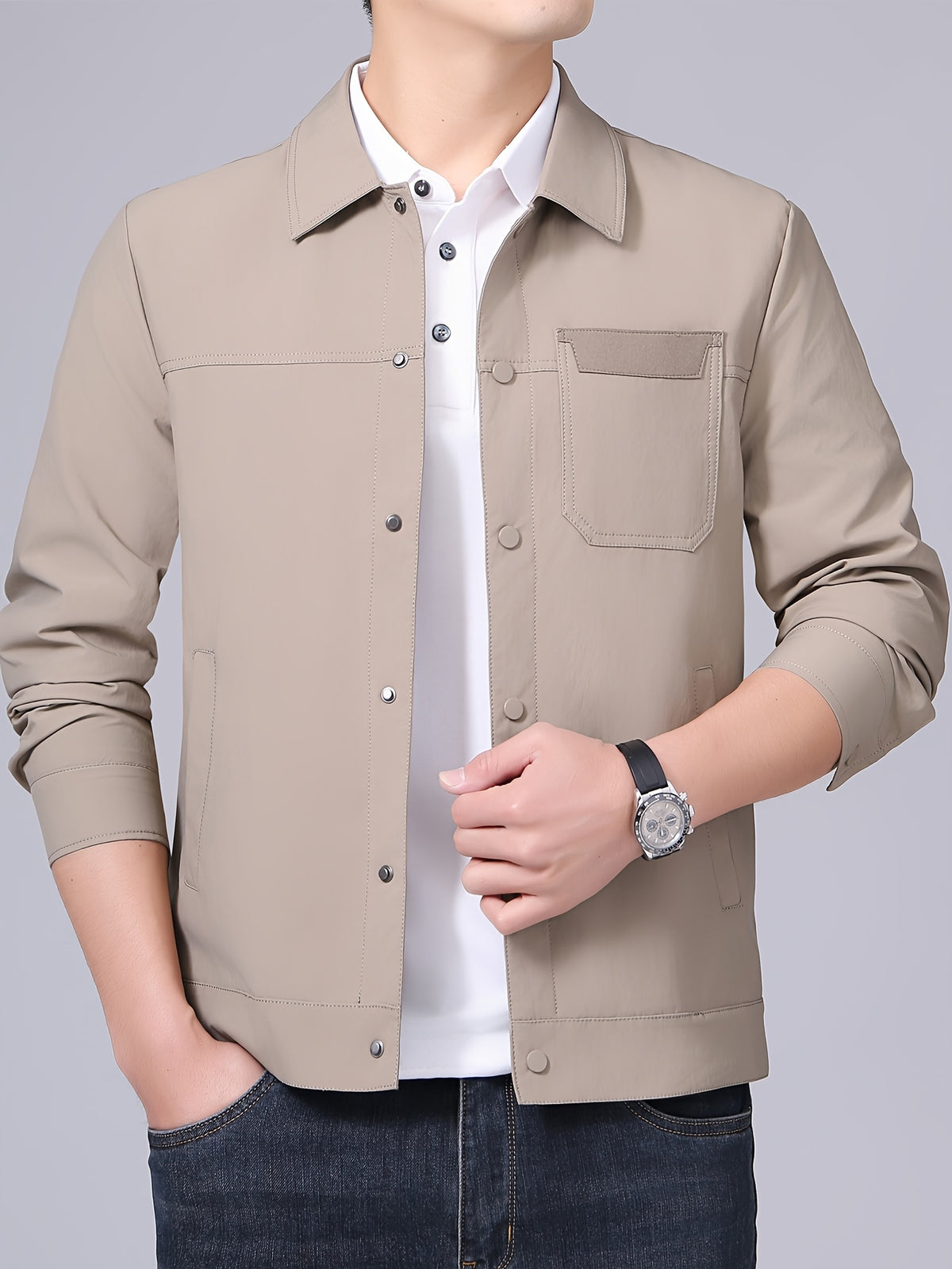 Spring New Lapel Button- Men'S Jacket, Durable And Thin Business Casual Wear, Versatile Long-Sleeve Men'S Top MD12601 - Khaki