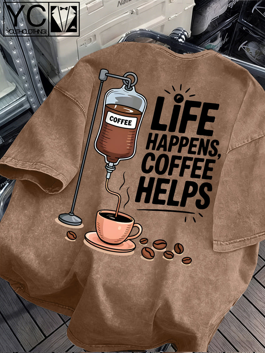 'LIFE HAPPENS COFFEE HELPS' Fun Text and Coffee Infusion Bag Creative Print  Distressed Washed Texture Men's Short-Sleeve T-Shirt, Machine Washable - Short-Sleeve Washed Texture, Loose Fit Crew Neck Casual Shirt - Coffee Color